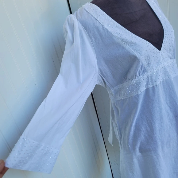 SWIM SYSTEMS 3/4 Sleeve Cover Up DRESS V-Neck Tie White Cotton Beaded Size L - Picture 9 of 13